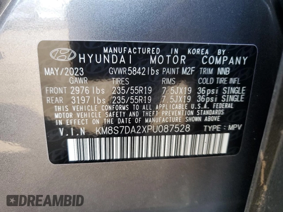 2023 Hyundai Santa Fe Limited z VIN KM8S7DA2XPU087528, wystawiony jako Copart lot #68346424 z przebiegiem 4 957 mil mil oraz Szkoda całkowita • Salvage title. Historia ofert i sprzedaży dostępna na DreamBid. Obrazek 16.
