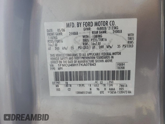 2007 Ford Escape Hybrid with VIN 1FMCU49H17KA07843, listed as a Copart auction lot 81152724 with 170,972 mi miles and Salvage Title. Bid and sale history available at carsss.com. Image 15.