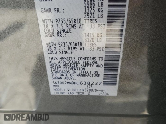 2017 Nissan Pathfinder SV z VIN 5N1DR2MM0HC638237, wystawiony jako Copart lot #59898825 z przebiegiem 96 551 mil mil oraz Szkoda całkowita • Salvage title. Historia ofert i sprzedaży dostępna na DreamBid. Obrazek 14.