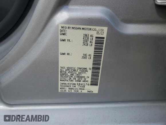 2022 Nissan Altima 2.5 SR with VIN 1N4BL4CV5NN384176, listed as a Copart auction lot 47608135 with 75,831 mi miles and Salvage Title. Bid and sale history available at carsss.com. Image 12.