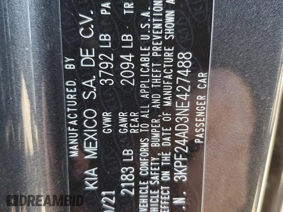 2022 Kia Forte LXS with VIN 3KPF24AD3NE427488, listed as a Copart auction lot 52074775 with 49,715 mi miles and Salvage Title. Bid and sale history available at carsss.com. Image 12.