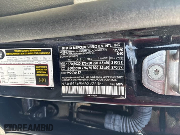 2021 Mercedes-Benz GLE 350 with VIN 4JGFB4KE9MA392637, listed as a IAAI auction lot 42580643 with 92,654 mi miles and . Bid and sale history available at DreamBid. Image 9.