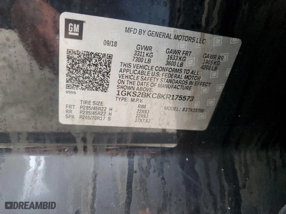 2019 GMC Yukon SLT with VIN 1GKS2BKC8KR175573, listed as a Copart auction lot 43126755 with 136,012 mi miles and Salvage Title. Bid and sale history available at carsss.com. Image 13.
