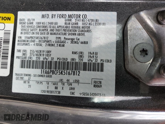 2019 Ford Mustang GT with VIN 1FA6P8CF5K5167812, listed as a Copart auction lot 47606065 with 49,386 mi miles and Salvage Title. Bid and sale history available at DreamBid. Image 12.