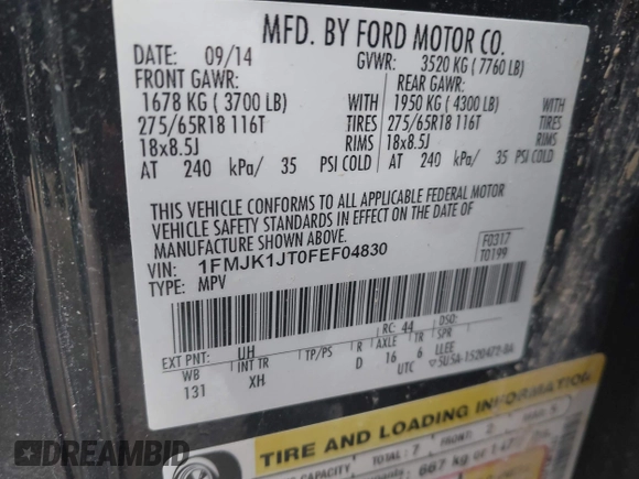 2015 Ford Expedition Max XLT с VIN 1FMJK1JT0FEF04830, выставлен на аукционе IAAI как лот 42384888 с пробегом 122 412 миль миль и . История ставок и продаж доступна на DreamBid. Изображение 9.