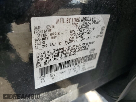 2016 Lincoln MKX Reserve with VIN 2LMTJ8LP5GBL56793, listed as a Copart auction lot 44102155 with Not Provided miles and Salvage Title. Bid and sale history available at DreamBid. Image 15.