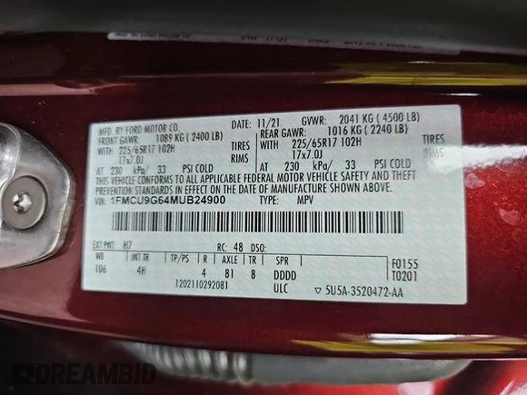 2021 Ford Escape SE with VIN 1FMCU9G64MUB24900, listed as a IAAI auction lot 42730688 with 89,597 mi miles and . Bid and sale history available at DreamBid. Image 7.