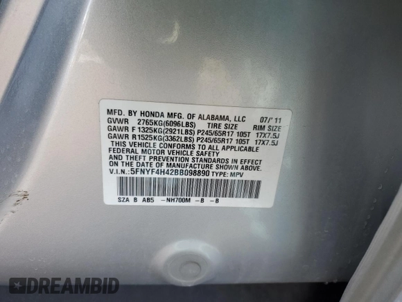 2011 Honda Pilot EX with VIN 5FNYF4H42BB098890, listed as a Copart auction lot 49704515 with 34,337 mi miles and Salvage Title. Bid and sale history available at DreamBid. Image 14.