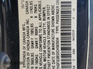 2012 Honda Civic Cpe LX with VIN 2HGFG3B52CH565934, listed as a Copart auction lot 74461284 with 259,290 mi miles and Salvage Title. Bid and sale history available at carsss.com. Image 14.