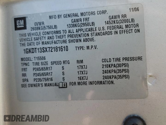 2007 GMC Envoy SLT with VIN 1GKDT13SX72181610, listed as a Copart auction lot 68493434 with Not Provided miles and Salvage Title. Bid and sale history available at DreamBid. Image 12.