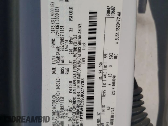 2018 Ford F-150 XL with VIN 1FTEW1E59JKC77783, listed as a Copart auction lot 65788825 with 138,818 mi miles and Clean title. Bid and sale history available at DreamBid. Image 12.