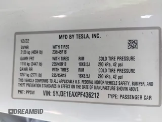 2023 Tesla Model 3 with VIN 5YJ3E1EAXPF436212, listed as a IAAI auction lot 41727400 with 81,011 mi miles and . Bid and sale history available at carsss.com. Image 9.