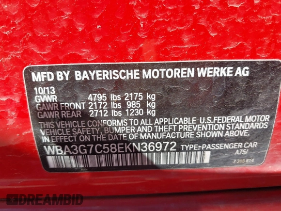2014 BMW 3 Series 328i xDrive with VIN WBA3G7C58EKN36972, listed as a IAAI auction lot 41854952 with 112,201 mi miles and . Bid and sale history available at carsss.com. Image 9.