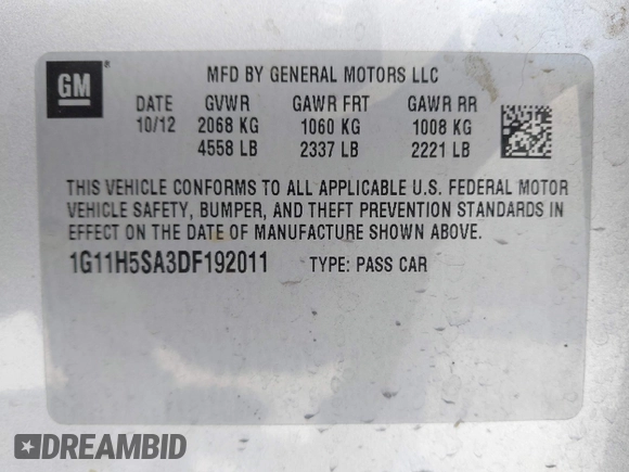2013 Chevrolet Malibu LTZ with VIN 1G11H5SA3DF192011, listed as a IAAI auction lot 42022440 with 124,603 mi miles and . Bid and sale history available at DreamBid. Image 9.