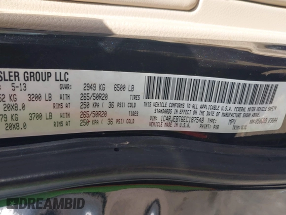 2014 Jeep Grand Cherokee Limited with VIN 1C4RJEBT6EC187548, listed as a IAAI auction lot 42210601 with 138,451 mi miles and . Bid and sale history available at DreamBid. Image 9.