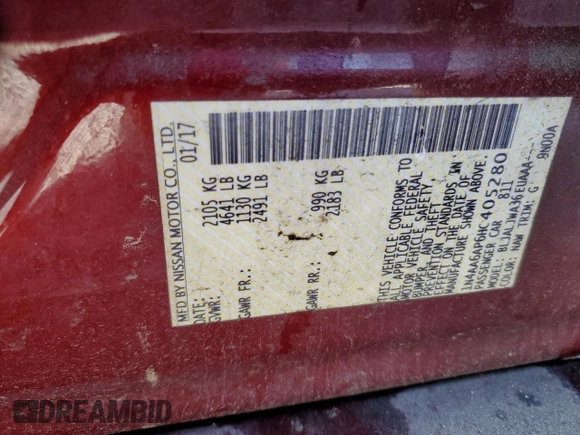 2017 Nissan Maxima SV with VIN 1N4AA6AP6HC405280, listed as a Copart auction lot 50936325 with 178,656 mi miles and Salvage Title. Bid and sale history available at DreamBid. Image 12.