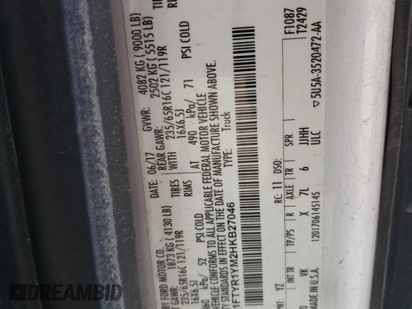 2017 Ford Transit z VIN 1FTYR1YM2HKB27046, wystawiony jako Copart lot #60039105 z przebiegiem 266 045 mil mil oraz Szkoda całkowita • Salvage title. Historia ofert i sprzedaży dostępna na DreamBid. Obrazek 14.