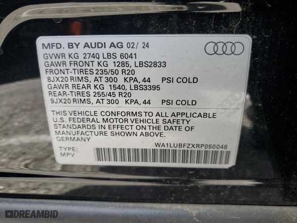 2024 Audi Q4 e-tron Premium Plus with VIN WA1LUBFZXRP050048, listed as a Copart auction lot 45412445 with NaN miles and Salvage Title. Bid and sale history available at carsss.com. Image 13.