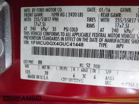 2016 Ford Escape SE with VIN 1FMCU0GX4GUC41448, listed as a IAAI auction lot 41936088 with 65,156 mi miles and . Bid and sale history available at carsss.com. Image 9.