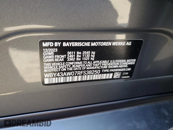 2024 BMW i4 eDrive35 z VIN WBY43AW07RFS38250, wystawiony jako Copart lot #52638435 z przebiegiem 11 567 mil mil oraz Szkody całkowita. Historia ofert i sprzedaży dostępna na DreamBid. Obrazek 12.