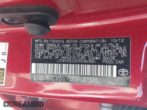 2013 Toyota Prius One with VIN JTDKN3DUXD5546385, listed as a IAAI auction lot 41763852 with 124,363 mi miles. Bid and sale history available at carsss.com. Image 9.
