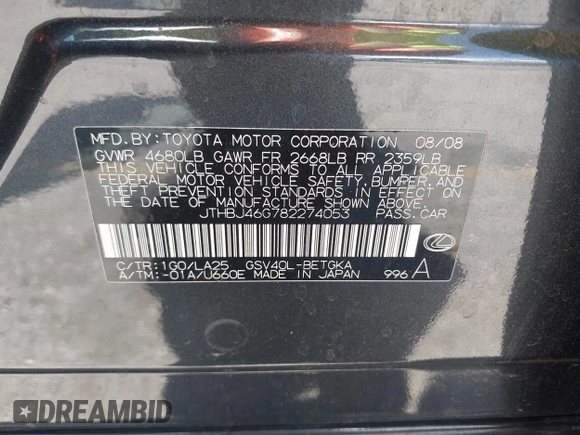 2008 Lexus ES 330 с VIN JTHBJ46G782274053, выставлен на аукционе IAAI как лот 42304355 с пробегом 85 464 миль миль и . История ставок и продаж доступна на DreamBid. Изображение 9.