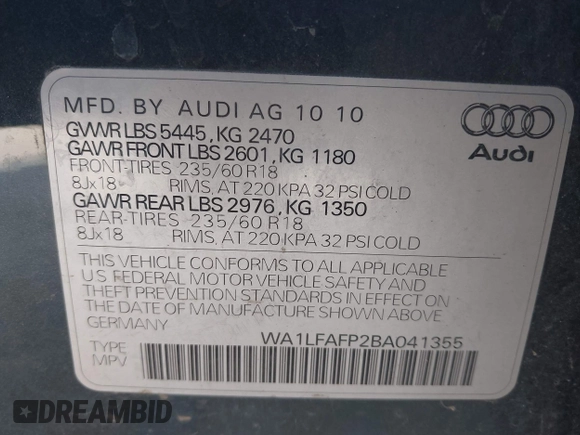 2011 Audi Q5 Premium Plus with VIN WA1LFAFP2BA041355, listed as a IAAI auction lot 42101822 with 180,552 mi miles and . Bid and sale history available at DreamBid. Image 9.