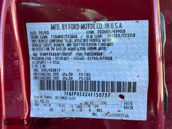 2004 Ford Mustang GT Deluxe z VIN 1FAFP45XX4F150757, wystawiony jako Copart lot #51550375 z przebiegiem 43 827 mil mil oraz Tytuł czysty. Historia ofert i sprzedaży dostępna na DreamBid. Obrazek 10.