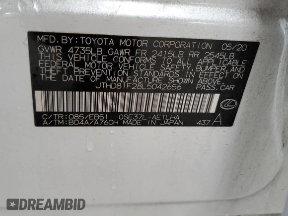 2020 Lexus IS 300 with VIN JTHD81F28L5042656, listed as a Copart auction lot 57876525 with 78,868 mi miles and Salvage title. Bid and sale history available at DreamBid. Image 13.