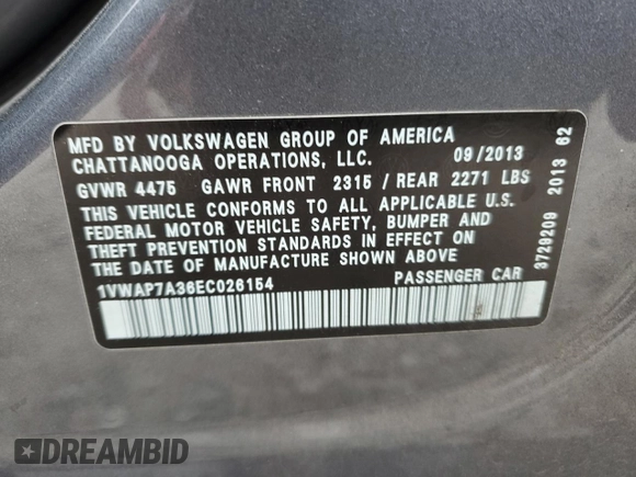 2014 Volkswagen Passat S w/Nav with VIN 1VWAP7A36EC026154, listed as a Copart auction lot 83426054 with 192,012 mi miles and Salvage Title. Bid and sale history available at carsss.com. Image 14.