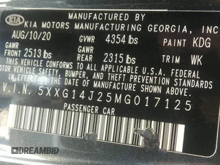2021 Kia K5 LXS z VIN 5XXG14J25MG017125, wystawiony jako IAAI lot #42177700 z przebiegiem 55 855 mil mil oraz . Historia ofert i sprzedaży dostępna na DreamBid. Obrazek 9.