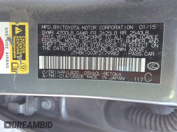 2015 Lexus ES 330 with VIN JTHBK1GG3F2179982, listed as a IAAI auction lot 41657099 with 103,642 mi miles and . Bid and sale history available at DreamBid. Image 9.