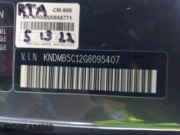 2016 Kia Sedona LX with VIN KNDMB5C12G6095407, listed as a IAAI auction lot 42068116 with 189,224 mi miles. Bid and sale history available at carsss.com. Image 9.