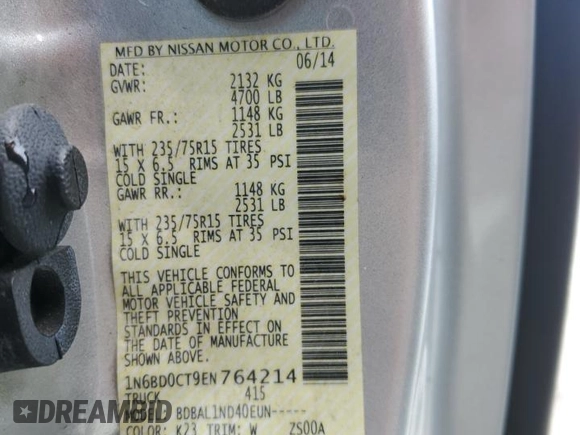 2014 Nissan Frontier S with VIN 1N6BD0CT9EN764214, listed as a Copart auction lot 57802585 with 87,762 mi miles and Salvage title. Bid and sale history available at DreamBid. Image 12.