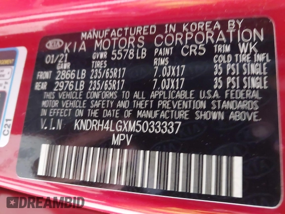 2021 Kia Sorento EX with VIN KNDRH4LGXM5033337, listed as a IAAI auction lot 42141271 with 59,956 mi miles and . Bid and sale history available at DreamBid. Image 9.