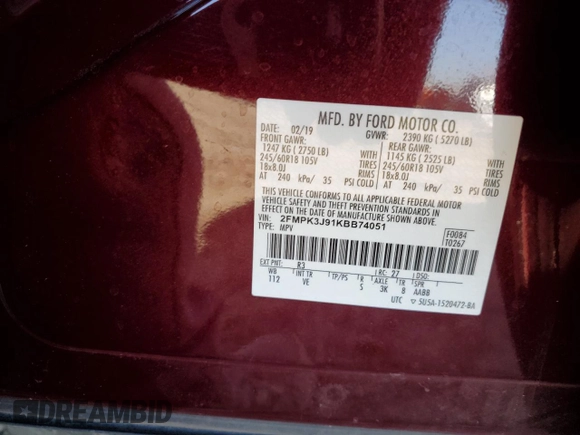 2019 Ford Edge SEL with VIN 2FMPK3J91KBB74051, listed as a Copart auction lot 49826795 with 74,119 mi miles and Salvage Title. Bid and sale history available at carsss.com. Image 15.