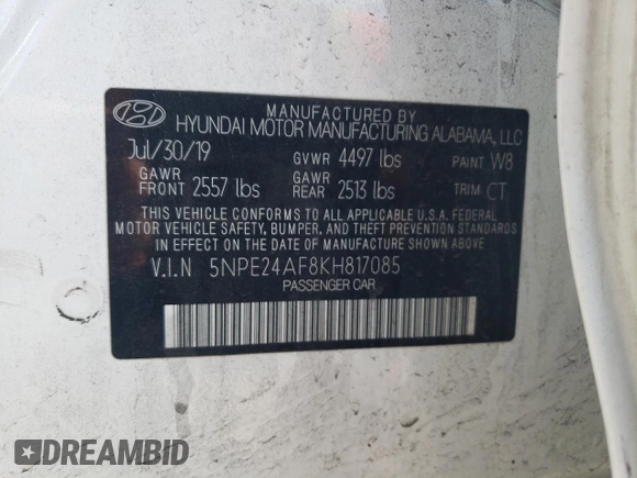 2019 Hyundai Sonata SE with VIN 5NPE24AF8KH817085, listed as a Copart auction lot 46851365 with 66,834 mi miles and Salvage Title. Bid and sale history available at DreamBid. Image 15.