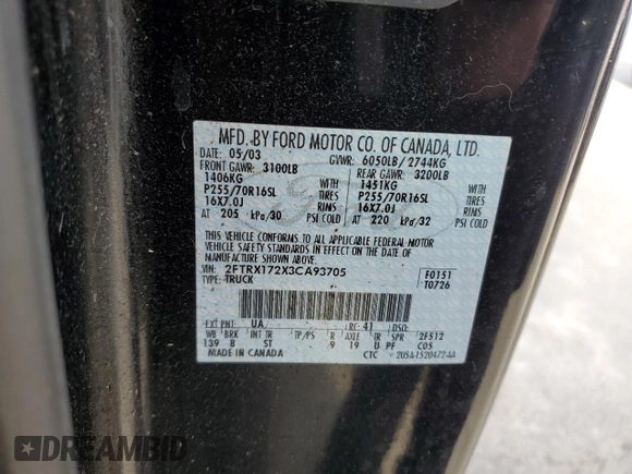 2003 Ford F-150 XL with VIN 2FTRX172X3CA93705, listed as a Copart auction lot 79994044 with 0 mi miles and Clean Title. Bid and sale history available at carsss.com. Image 12.
