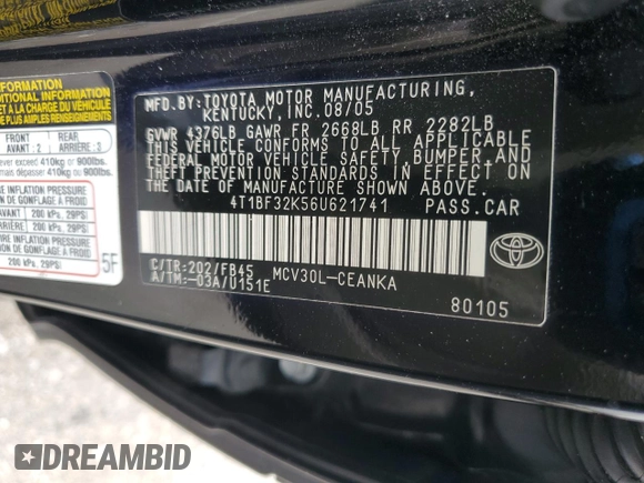 2006 Toyota Camry LE z VIN 4T1BF32K56U621741, wystawiony jako Copart lot #59577595 z przebiegiem 189 155 mil mil oraz Czysty tytuł • Clean title. Historia ofert i sprzedaży dostępna na DreamBid. Obrazek 12.