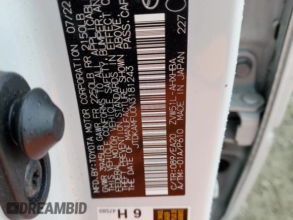 2022 Toyota Prius L Eco with VIN JTDKAMFU0N3181243, listed as a Copart auction lot 51579355 with 26,823 mi miles and Salvage Title. Bid and sale history available at DreamBid. Image 12.