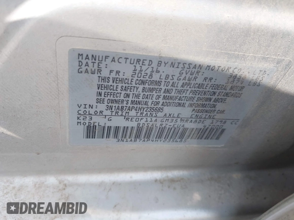 2017 Nissan Sentra S with VIN 3N1AB7AP4HY235685, listed as a IAAI auction lot 42055237 with 92,220 mi miles and . Bid and sale history available at DreamBid. Image 9.