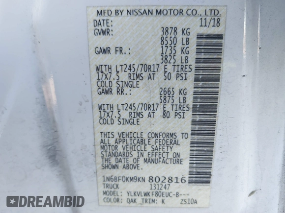 2019 Nissan NV S with VIN 1N6BF0KM9KN802816, listed as a IAAI auction lot 41755934 with 176,972 mi miles. Bid and sale history available at carsss.com. Image 9.