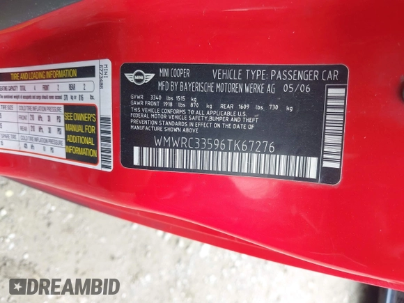 2006 MINI Hardtop with VIN WMWRC33596TK67276, listed as a IAAI auction lot 42488546 with 41,229 mi miles and . Bid and sale history available at DreamBid. Image 9.