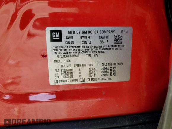 2015 Chevrolet Trax LT with VIN KL7CJRSB1FB118680, listed as a Copart auction lot 48504905 with 45,717 mi miles and Salvage Title. Bid and sale history available at carsss.com. Image 15.