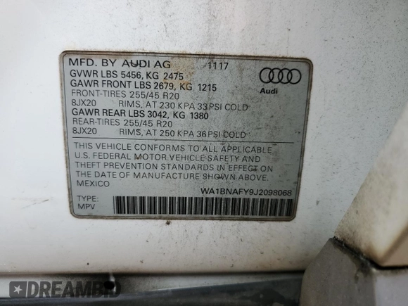 2018 Audi Q5 Premium Plus with VIN WA1BNAFY9J2098068, listed as a Copart auction lot 56207175 with 89,418 mi miles and Salvage title. Bid and sale history available at DreamBid. Image 14.