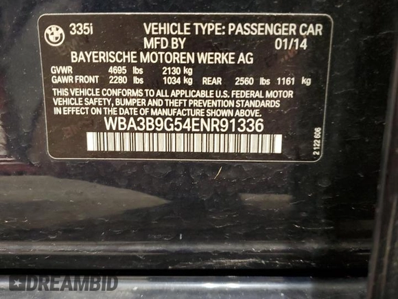 2014 BMW 3 Series 335i xDrive with VIN WBA3B9G54ENR91336, listed as a Copart auction lot 58182875 with 133,946 mi miles and Clean title. Bid and sale history available at DreamBid. Image 12.