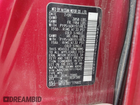 2009 Nissan Cube SL z VIN JN8AZ28R79T119642, wystawiony jako IAAI lot #41619018 z przebiegiem 156 122 mil mil oraz . Historia ofert i sprzedaży dostępna na DreamBid. Obrazek 9.