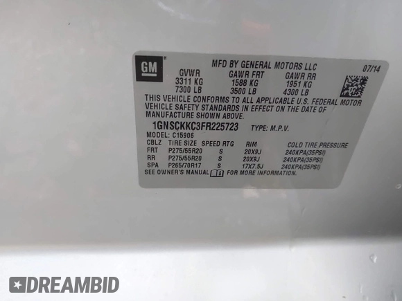 2015 Chevrolet Suburban LTZ with VIN 1GNSCKKC3FR225723, listed as a IAAI auction lot 42577863 with 267,557 mi miles and . Bid and sale history available at DreamBid. Image 9.