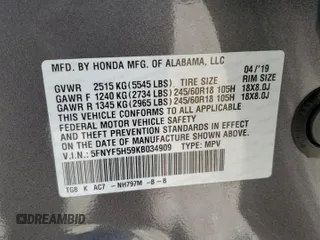 2019 Honda Pilot EX-L z VIN 5FNYF5H59KB034909, wystawiony jako Copart lot #53356095 z przebiegiem 68 331 mil mil oraz Szkoda całkowita • Salvage title. Historia ofert i sprzedaży dostępna na DreamBid. Obrazek 14.