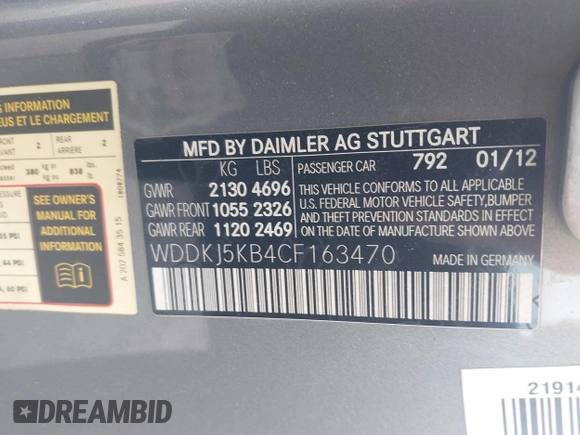2012 Mercedes-Benz E 350 with VIN WDDKJ5KB4CF163470, listed as a IAAI auction lot 42298451 with 205,662 mi miles and . Bid and sale history available at DreamBid. Image 9.